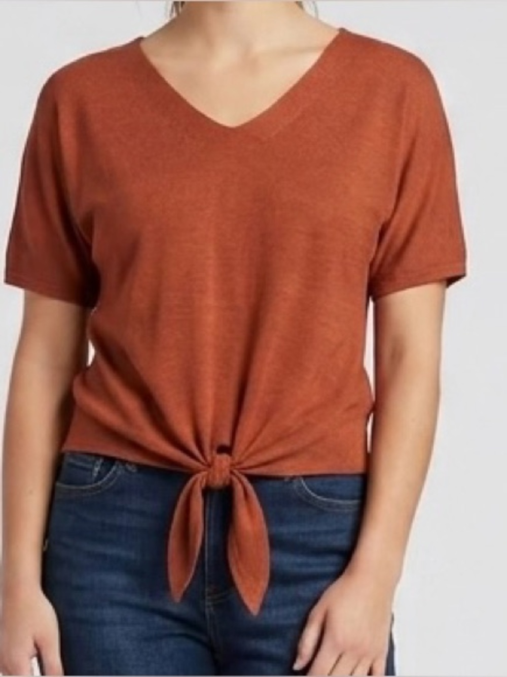 Olive And Oak Short Sleeve Terracotta V-Neck Tie Front Top Size Large